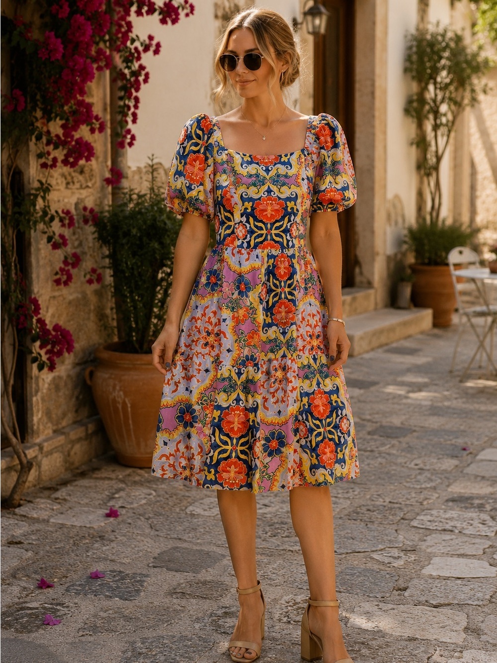 Vince Camuto Floral Puff Sleeve Midi Dress SZ 18W Boho Romantic